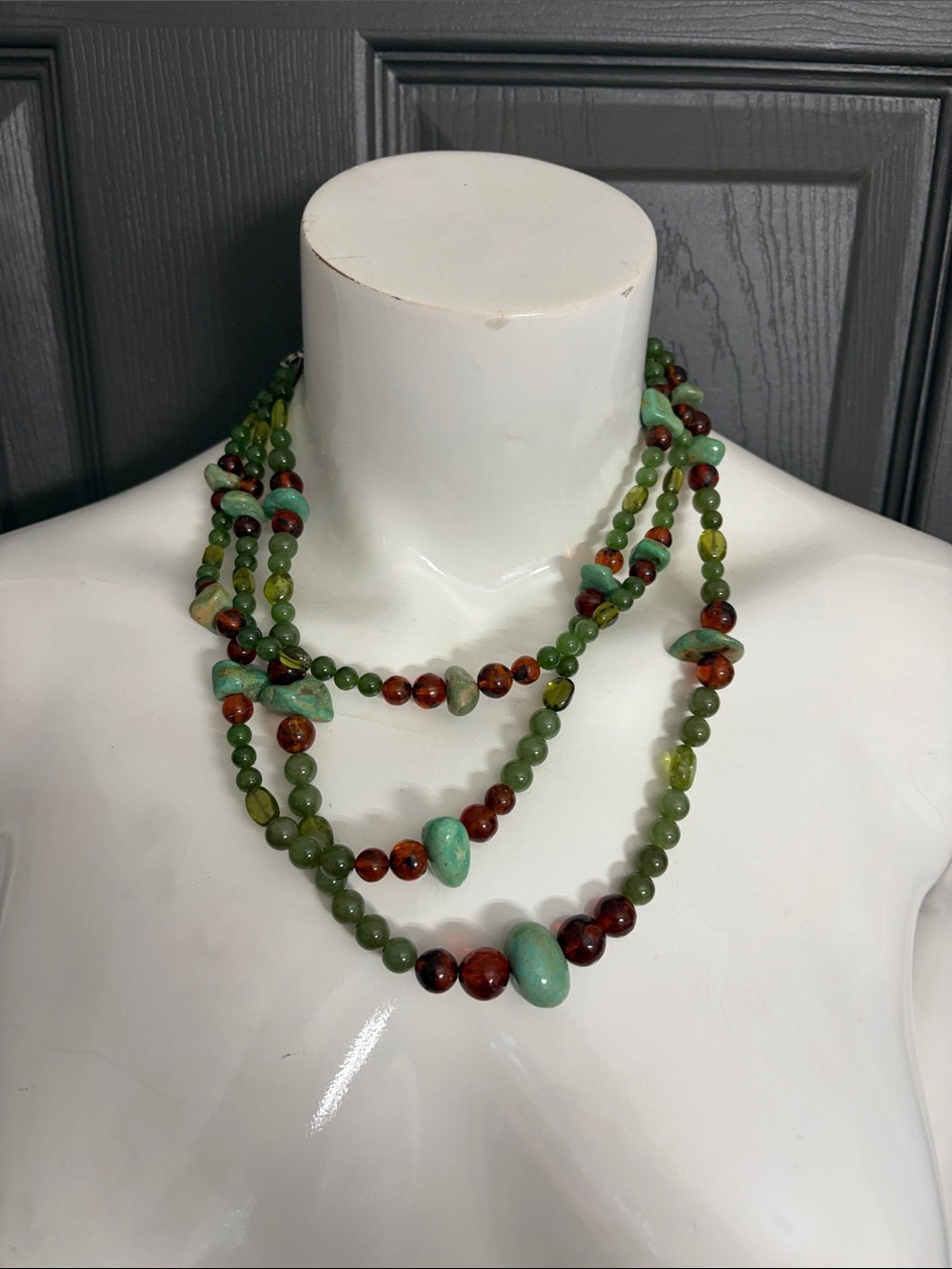 Stephen Dweck Green, Brown and Turquoise Multi-Strand Beaded Necklace